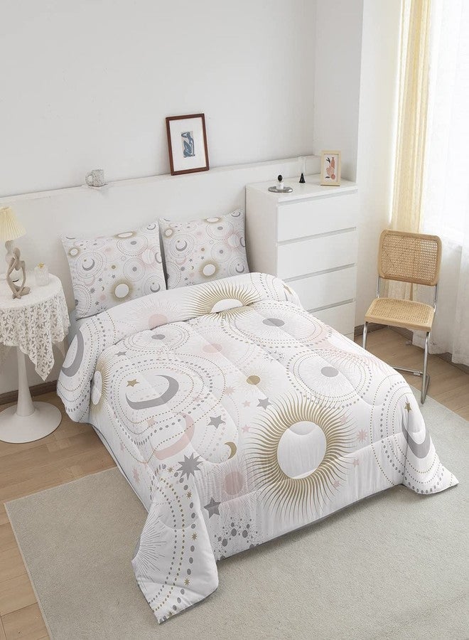 Homewish Stars and Moon Comforter Set Full Size,Pink Golden Grey Shiny Planets Bedding Comforters for Girls Teens,Romantic Galaxy Universe Polyester Quilt Set with 2 Pillowcases,Chic - Image 3